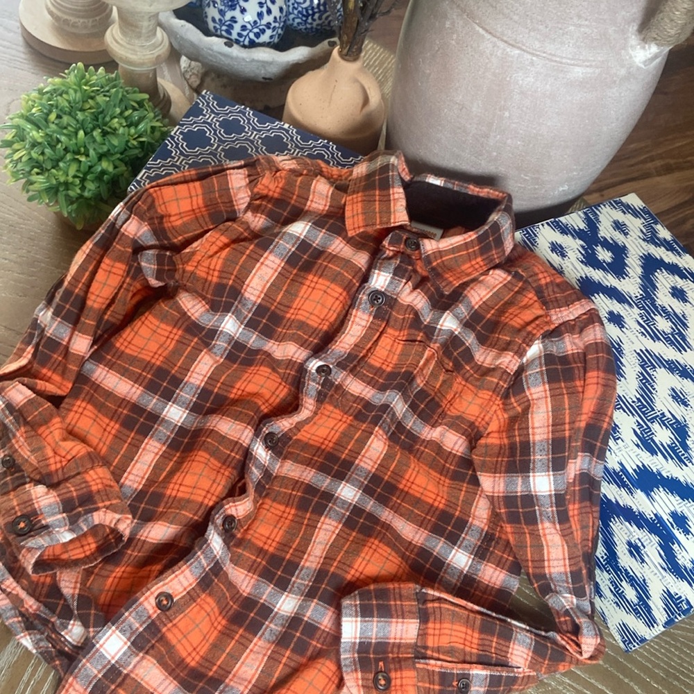 Boys Gymboree Orange Creamy White & Chocolate Brown Plaid Flannel Shirt